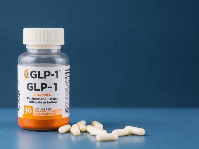 Bottle labeled “GLP-1” with white capsules placed on a blue surface, representing GLP-1 medications and potential GLP-1 side effects related to weight loss and diabetes treatment.