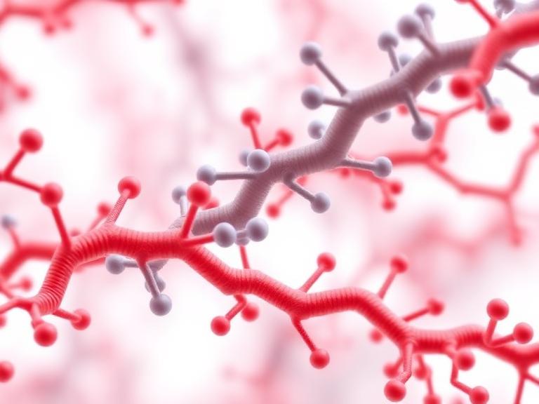 Abstract 3D illustration of branching molecular structures in red and gray colors representing GLP-1 receptor agonists and metabolic pathways related to diabetes treatment and weight loss research.