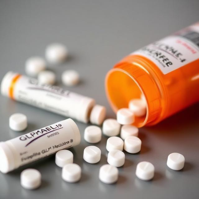 Close-up image of GLP-1 medication containers and scattered white pills on a gray surface, representing GLP-1 medications for weight loss and type 2 diabetes treatment.