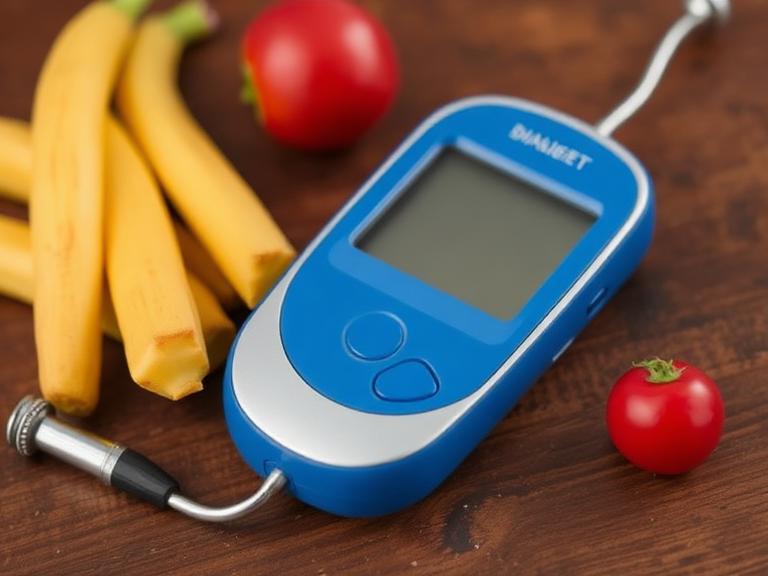 Blue digital glucose meter placed on a wooden table with bananas and tomatoes, representing diabetes monitoring and healthy eating habits.