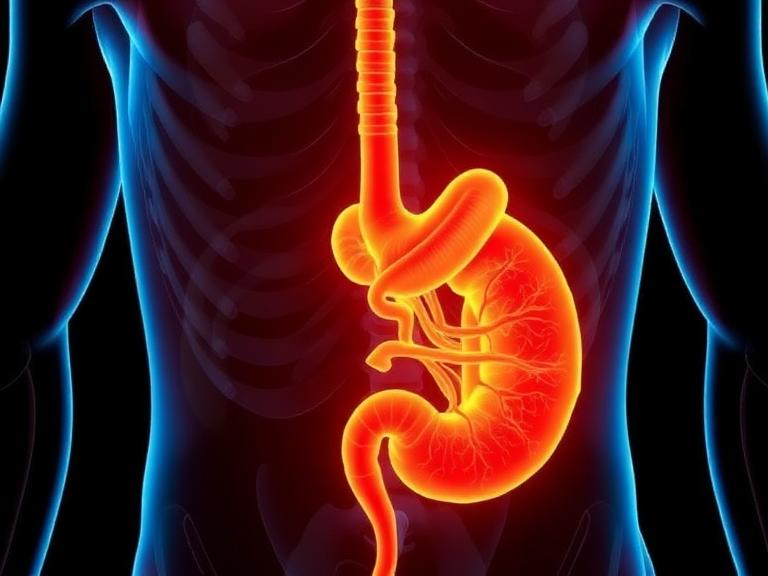 Medical illustration of the digestive system highlighting the pancreas and stomach, representing chronic pancreatitis