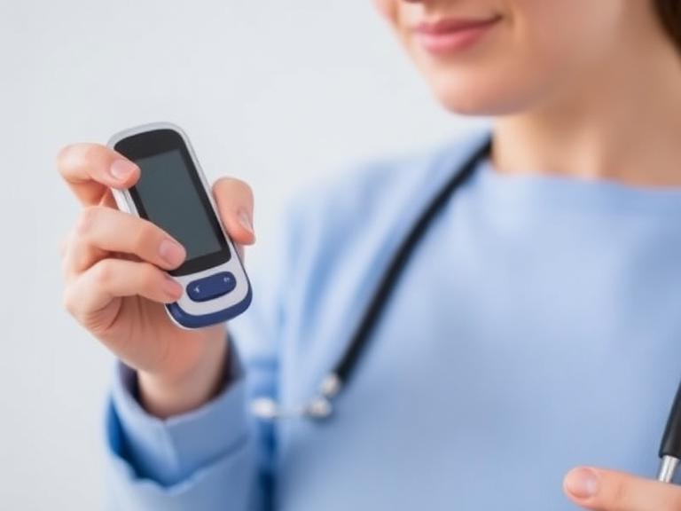 Healthcare professional holding a blood glucose monitor device used for checking blood sugar levels in people with Type 1 diabetes.