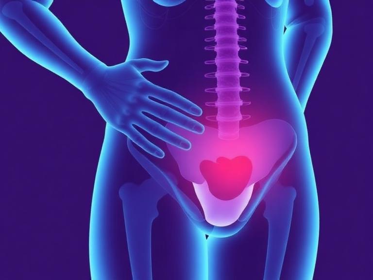 a woman experiencing lower back and bladder pain, highlighting the urinary tract area associated with UTI in adults.