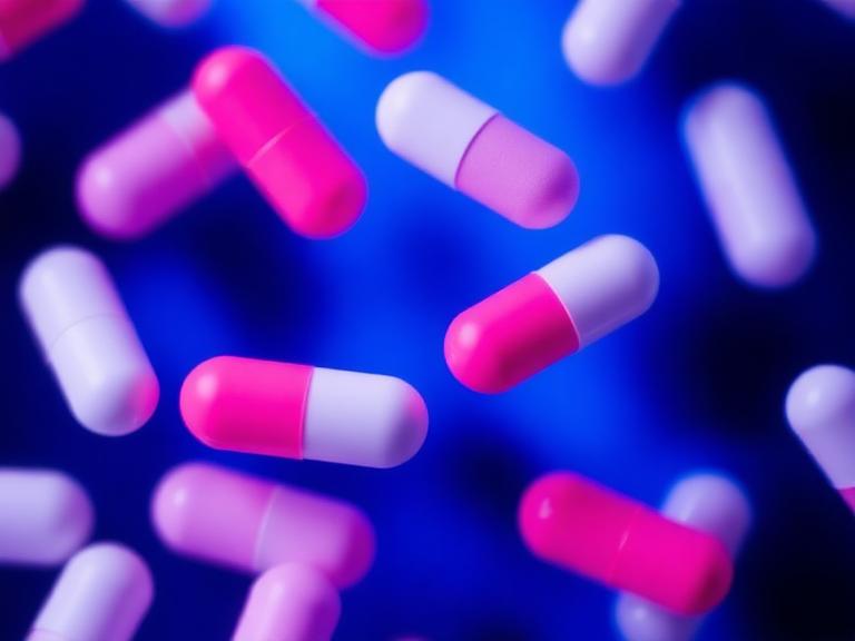 Pink and white antibiotic capsules floating against a glowing blue background, symbolizing medication and antibiotic treatment.