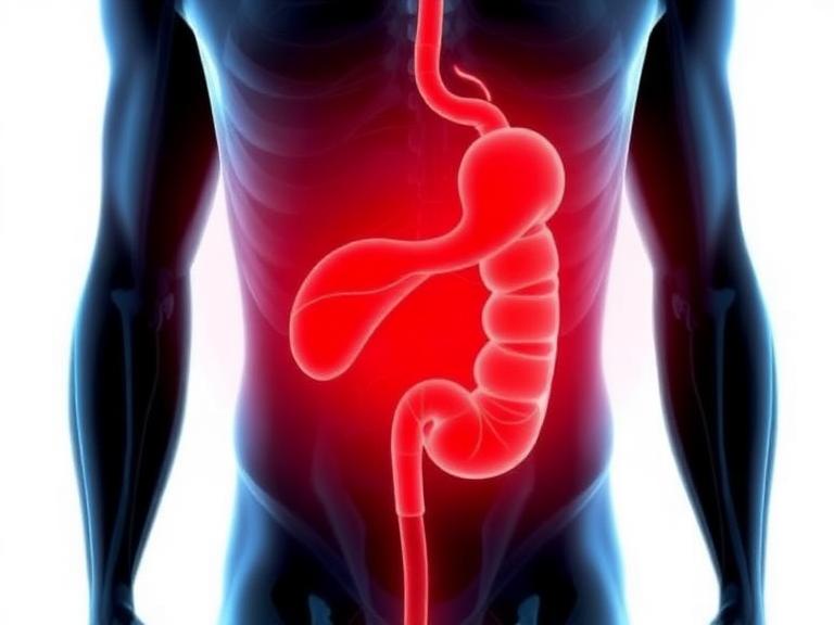 the human urinary and digestive system with a red highlighted abdominal area representing blood in urine, urinary tract infection, or kidney-related problems
