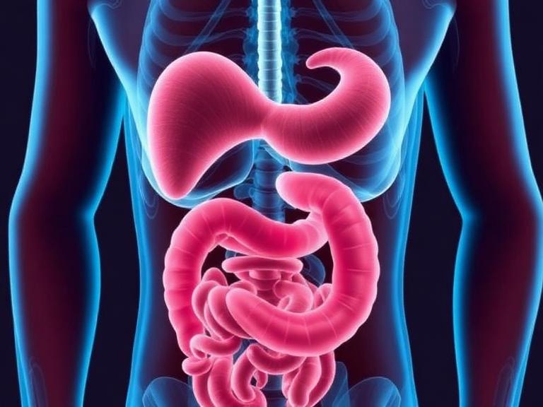 human digestive system highlighting the stomach and intestines in bright pink, representing malabsorption syndrome
