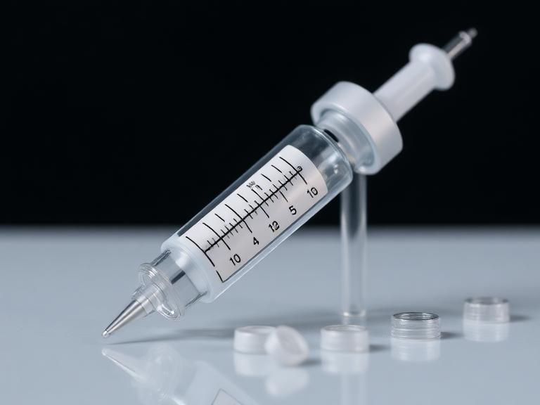 Close-up image of an insulin syringe placed on a reflective surface with measurement markings visible, representing insulin injections