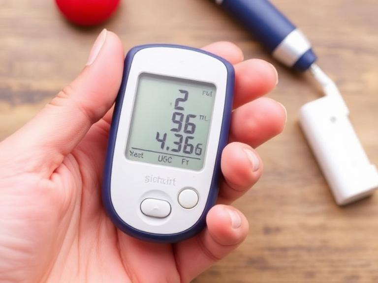 Hand holding a blood glucose meter displaying a blood sugar reading, with a lancet device and test strip on a wooden table.